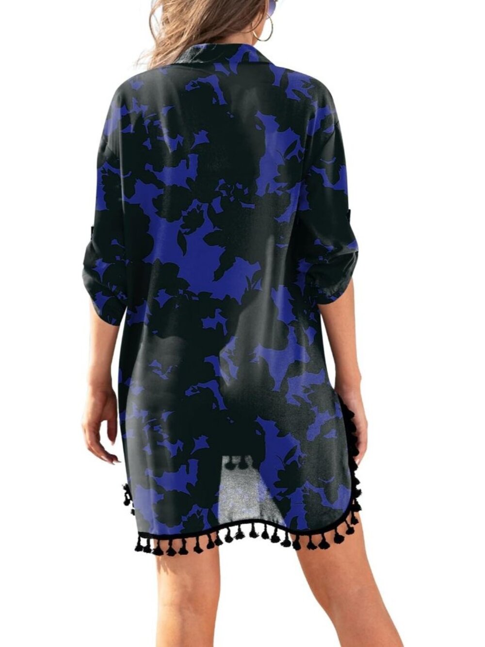 Women's Black & Blue Polyester Cover Up Tassel Swimsuit Beachwear Swimwear - Picture 3 of 3